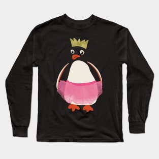 Funny Cartoon Christmas Penguin wrapped in A Pink Tutu and Wearing Paper Xmas Hat Long Sleeve T-Shirt